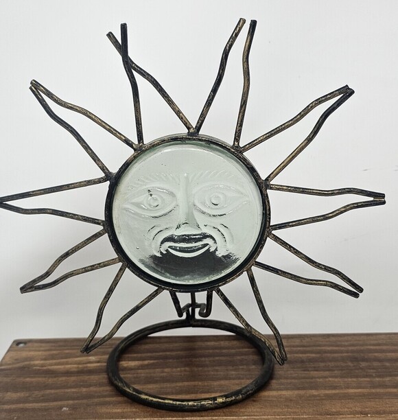 Unbranded Other - Vtg Celestial Metal Standing Glass Sunburst Face Candle Holder 10" Sun Catcher